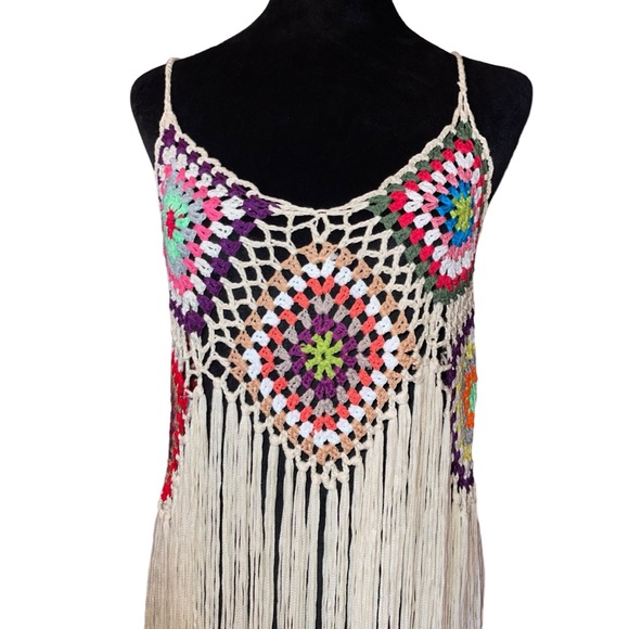 Women’s Boho Granny Square Bathing Suit Cover Up Multi Color Long Fringe NWOT - Picture 2 of 8